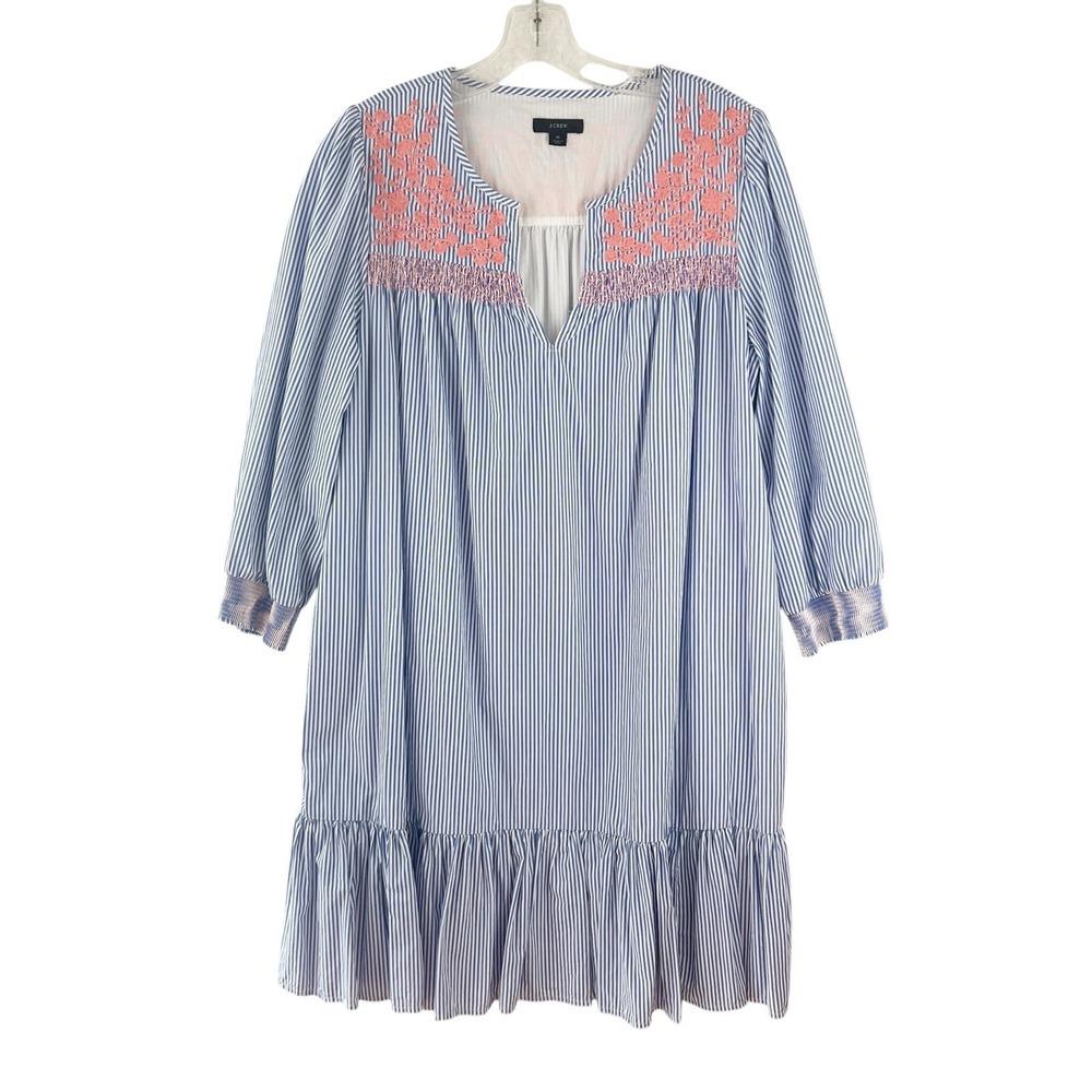 J CREW Preppy Blue Striped Ruffle Dress Pink Embroidered Smocked Yolk Sz Medium‎